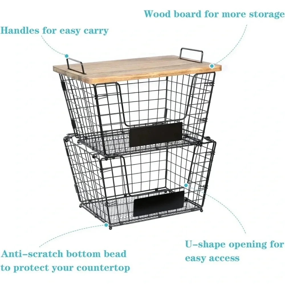 NIB 2 Stackable Wire Storage Baskets with Wood Lid and Chalkboards